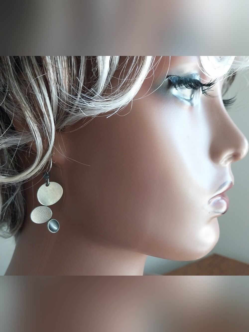 Silver Tone Triple Disc Drop Earrings - Modern Minimalist - Picture 2 of 9